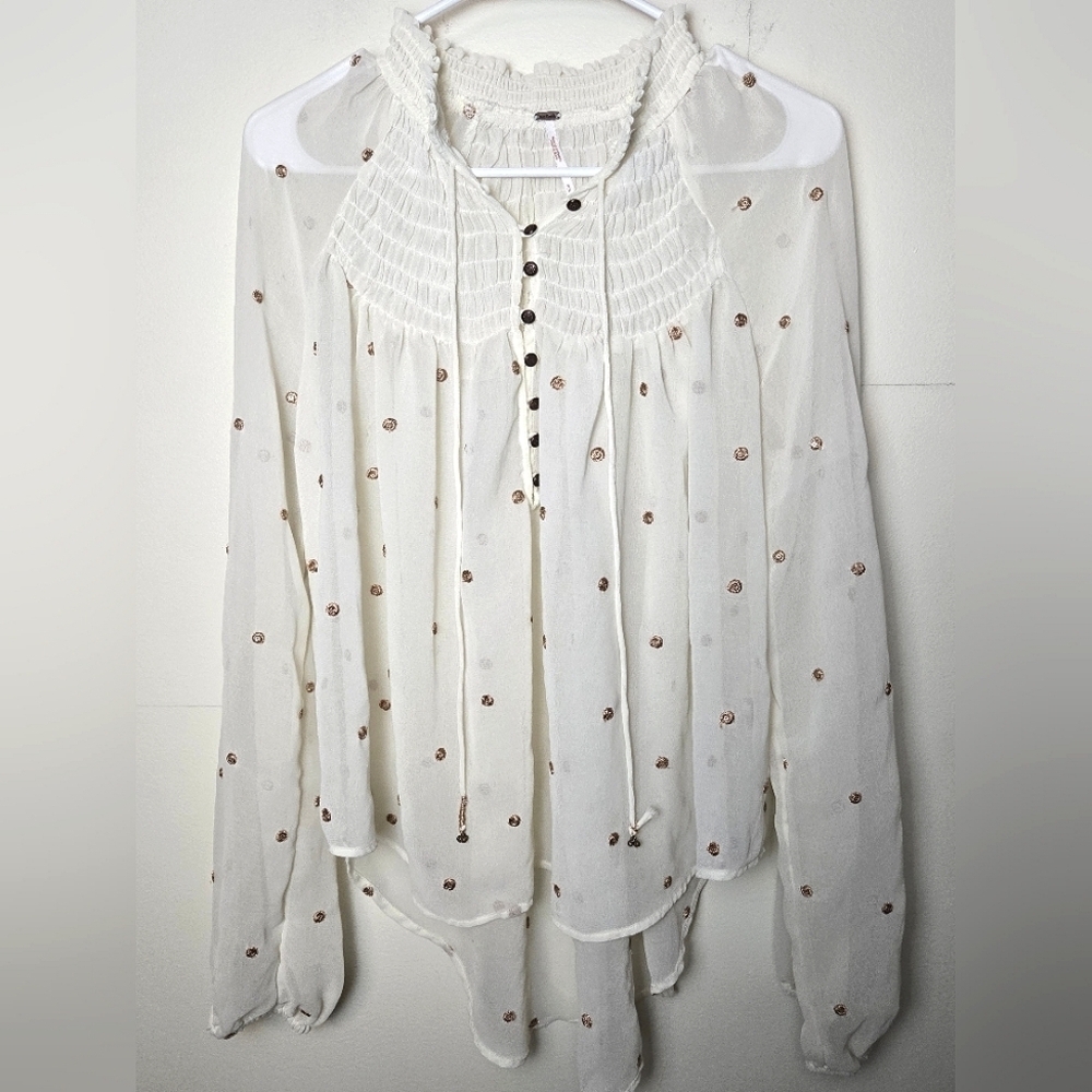 Free People Boho Ready To Run Embroidered Sheer Oversize Blouse,‎ Small